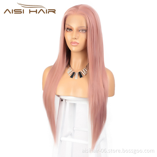Straight Lace Frontal 26 Inch Wig Synthetic Cosplay Long Pink Wig Silky Front Lace Hair Wigs For Black White Women